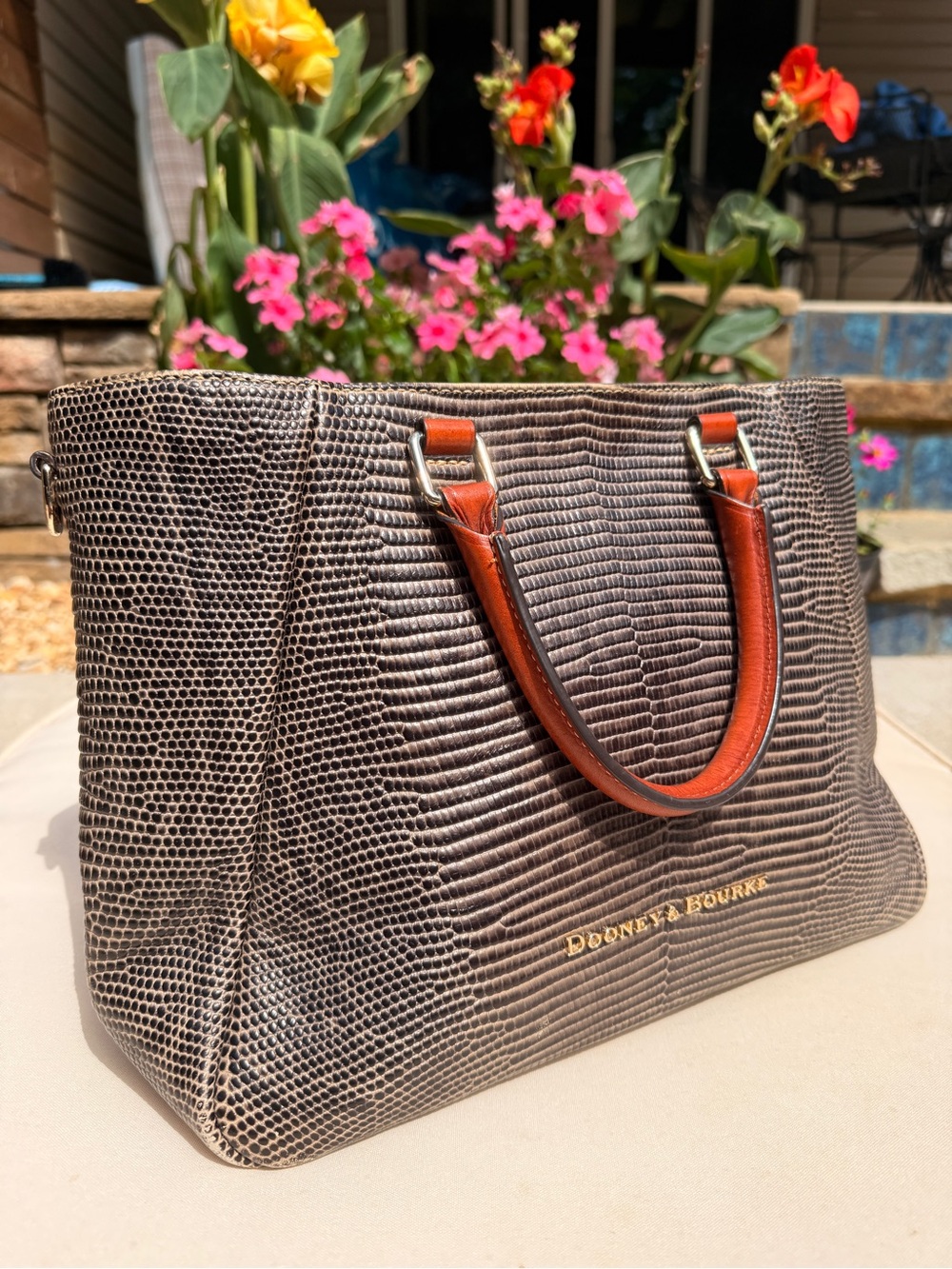 Dooney & Bourke Brown Lizard-Embossed Tote with Tan Handles